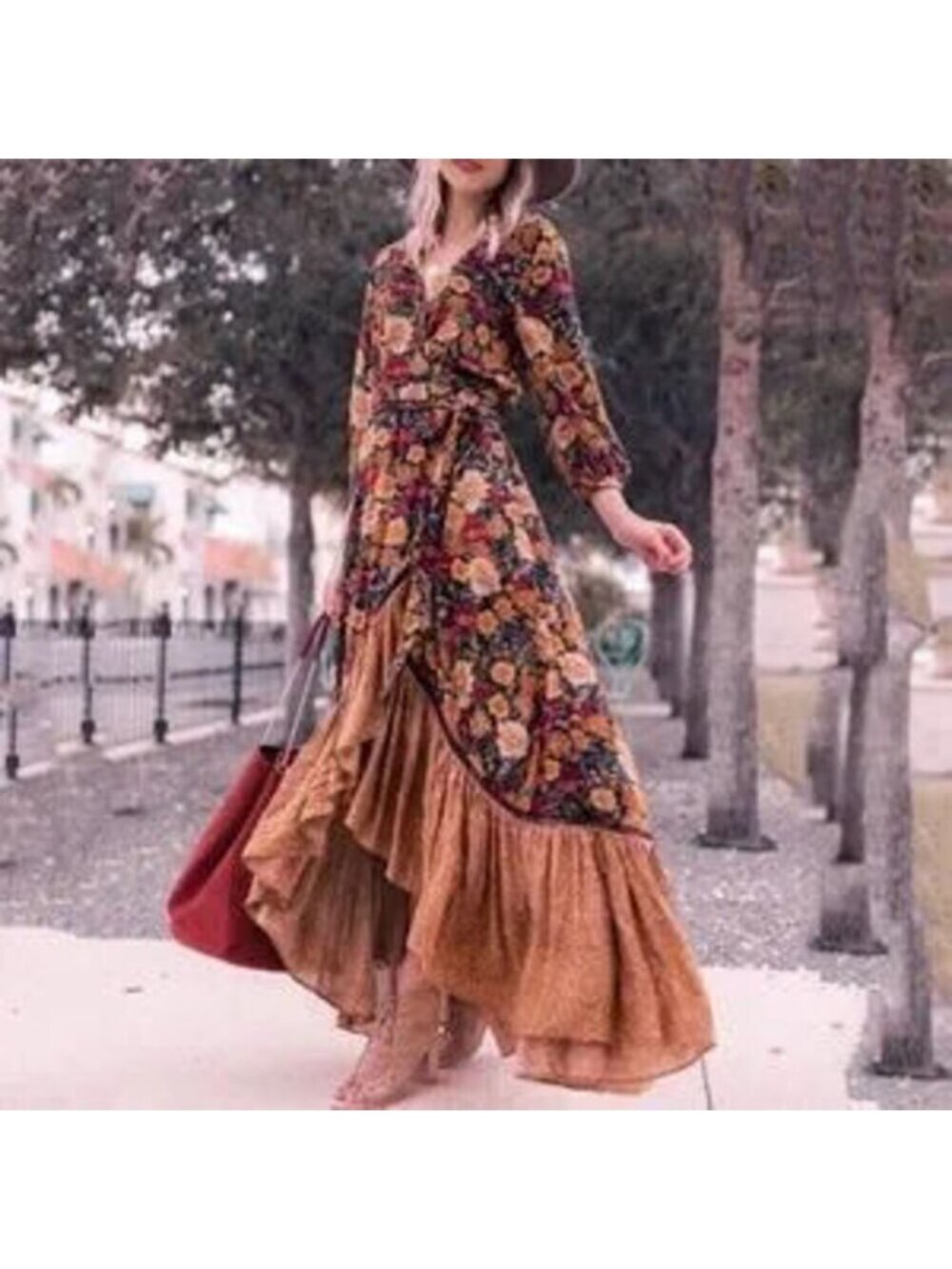 030 Boho Floral Print Cottagecore Ruffle Maxi Dress